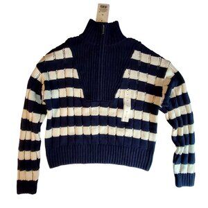 Navy & White Striped Cropped Sweater Half-Zip Collar XS  60% Cotton 40% Acrylic
